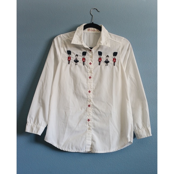 White Button-down Cotton Shirt, Cute Embroidered - Picture 3 of 4